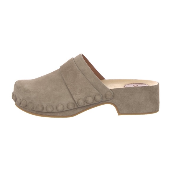 Chloe Gray Suede Leather Studded Round-Toe Slip On Wooden Sole Clog Mules Sz 40 - Picture 2 of 12